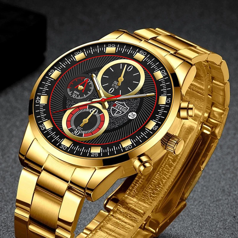 

2022 Gold Stainless Steel Quartz Watch for Men Fashion Luxury Business Leather Clock Sports Calendar Men's Watches reloj hombre