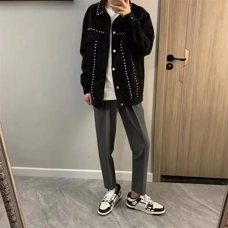 Модная джинсовая куртка в стиле хип-хоп с жемчужными лацканами для мужчин и
