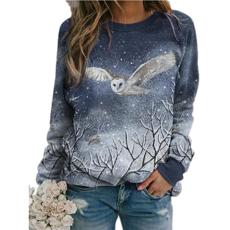 

Autumn Winter Women's Fashion Casual Owl Pattern Print Ladies Pullover New Long Sleeve Crew Neck Top Women Long Sleeve