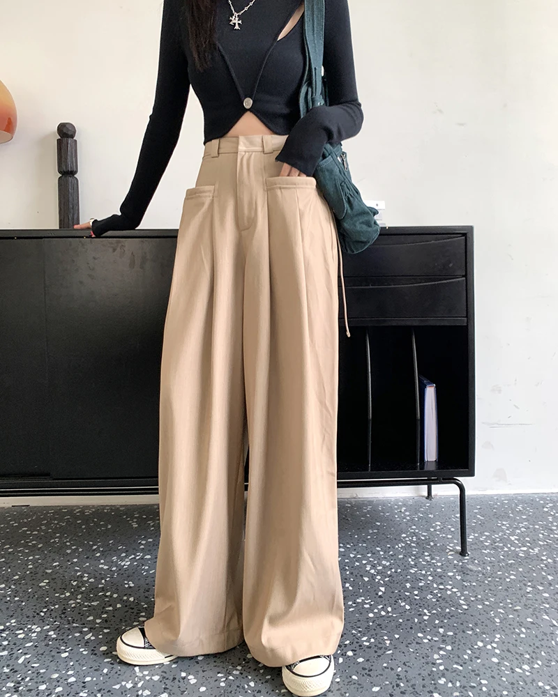 Casual Loose Fit Wide Leg Pants Women's Pleated Full Length Bottom High Street Hipster Cargo Pants, 80% Polyester + 20% Cotton