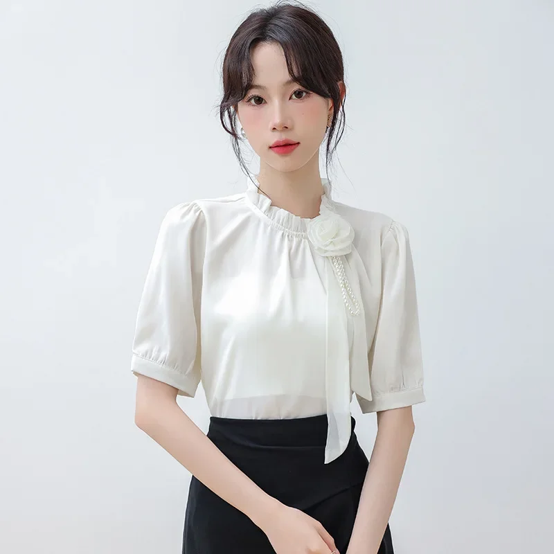 French Vintage Rose Pearl Short Sleeve Shirt 2024 Summer New China Surface Commute Top Buttoned Women's Blouse