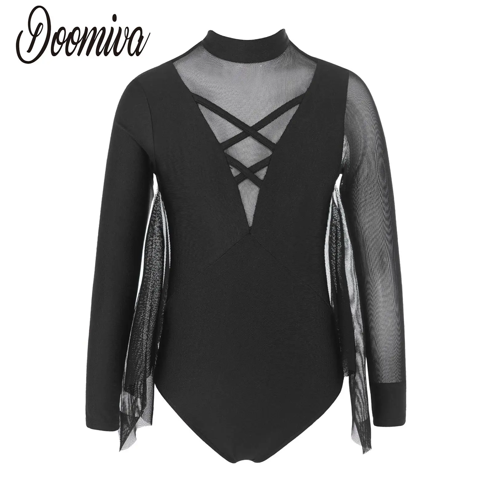 

Kids Girls Mesh Long Sleeves Patchwork Wings Cape Leotard Jumpsuit for Gymnastic Figure Skating Performance Costumes 6-16 Years