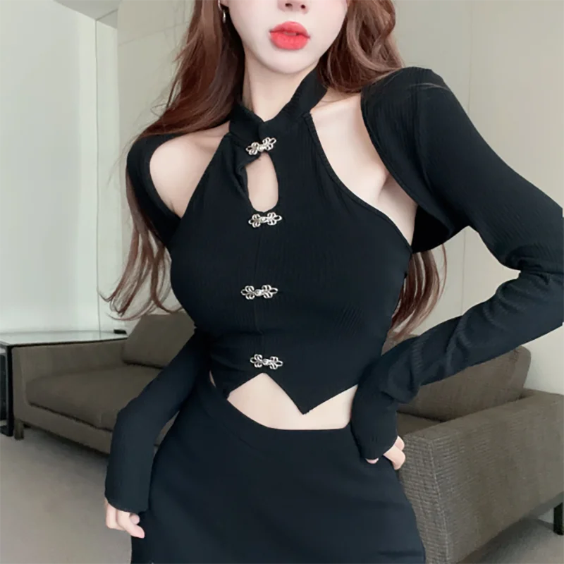 

Korean Fashion Casual Harajuku Knitted Long Sleeves Cardigan Shawl With Locks Sexy Mature Vest Gothic Women's Top Two-Piece Set