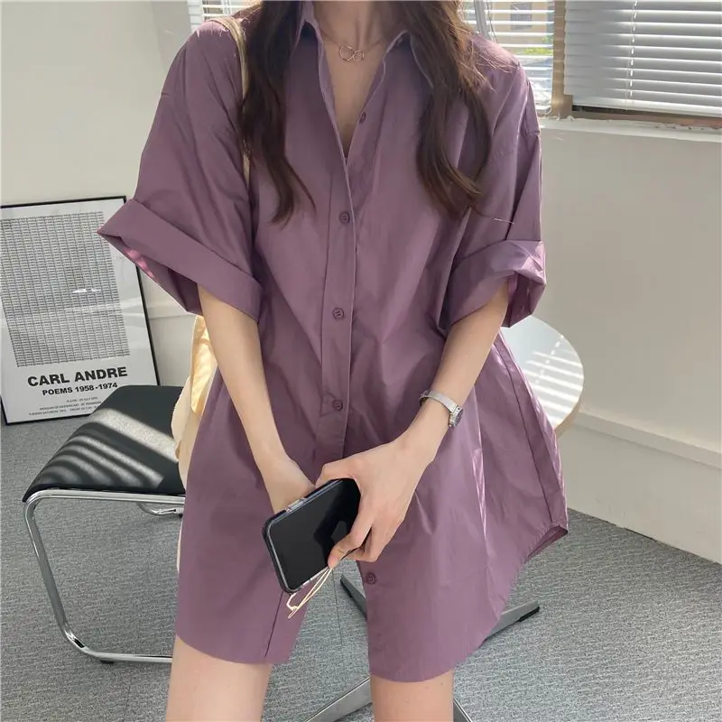 Summer New Short Sleeve Blue Shirt Tops Ladies Loose Medium and Long Youth Blouses Korean Fashion Simplicity Women Clothing