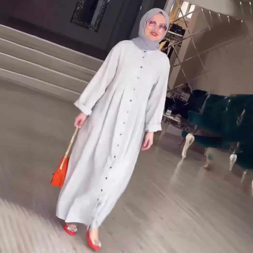 Мусульманский длинный халат абайя для женщин платье-рубашка на пуговицах