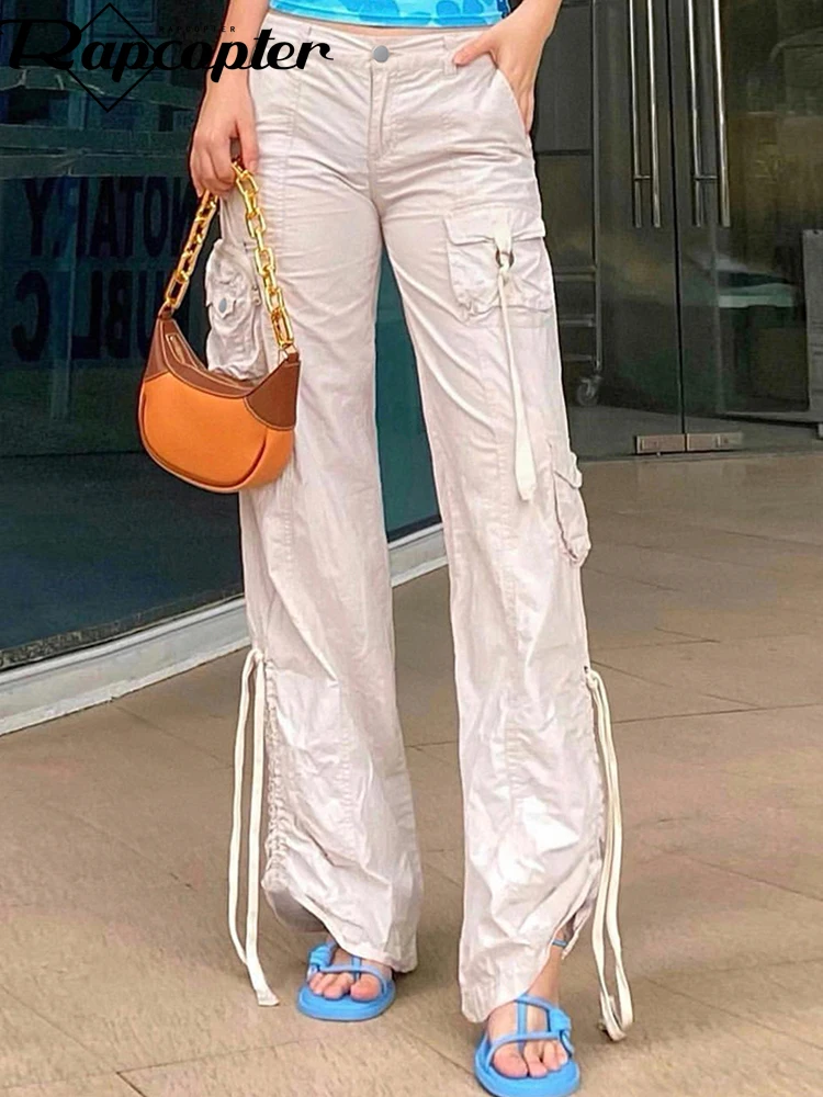 

Rapcopter Bandgae Shirring Denim Jeans Y2K Cargo White Pockets Baggy Sweatpants Women Streetwear Joggers Korean Aesthetic Pants