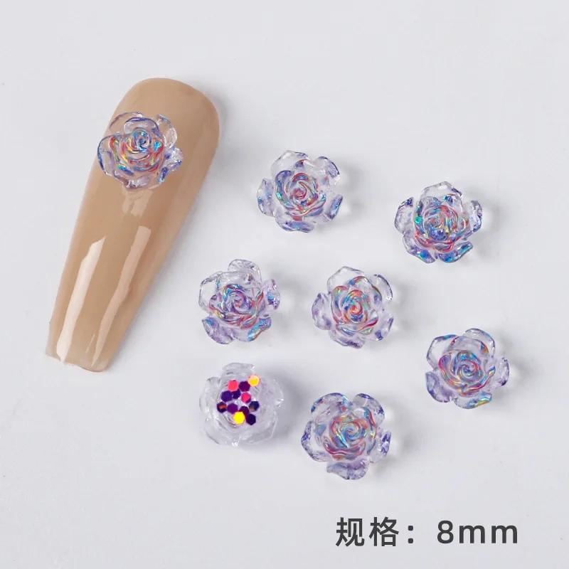

100pcs/lot Aurora Camellia 3D Flowers Nail Art Decoration 6/8mm Colorful Floret Nail Rhinestone For Gril Xmas Manicure Accessori