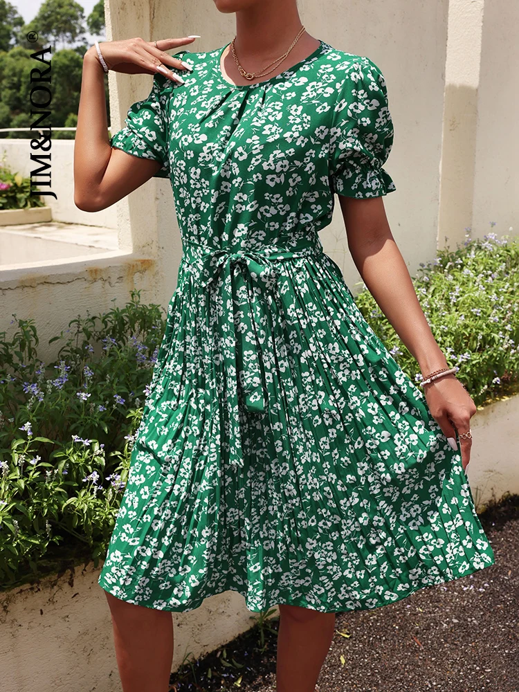 

JIM & NORA Women Summer Floral Print Short Sleeve Pleated Midi Dress Ladies Beach Holiday Casual Ruffle Dresses with Belt