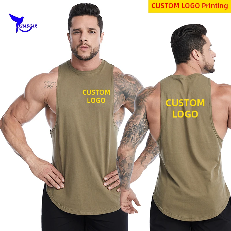 Custom LOGO Summer Breathable Gym Stringer Tank Tops Men Cotton Bodybuilding Sleeveless Shirt Fitness Vest Workout Singlets