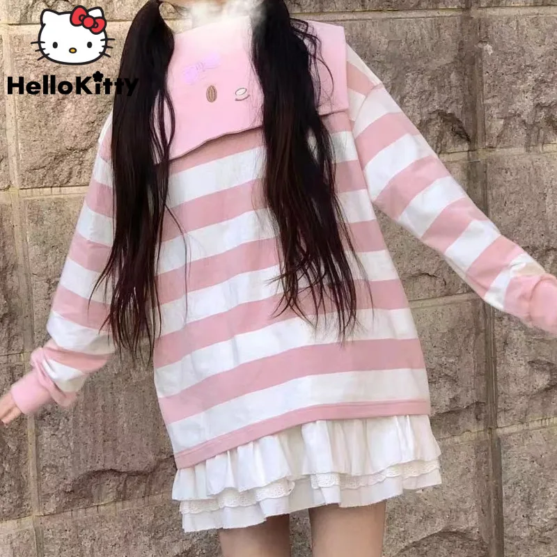 Sanrio Hello Kitty Melody Kuromi Pullovers Y2k Kawaii Cartoon Woman Spring Summer Korean Style Top Loose Oversize Casual Clothes
