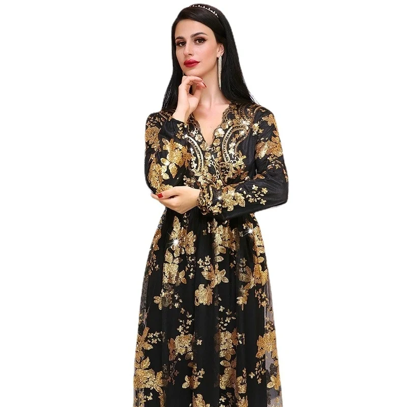 Moroccan Muslim Abaya Women Sequin Embroidery Party Long Maxi Dress Dubai Kaftan Gown Turkey Caftan Islamic Clothing Arabic Robe