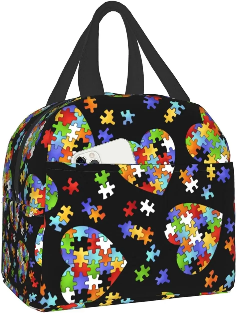 

Autism Awareness Puzzle Heart Reusable Insulated Lunch Bag Cooler Tote Box Container with Front Pocket for Woman Man Office