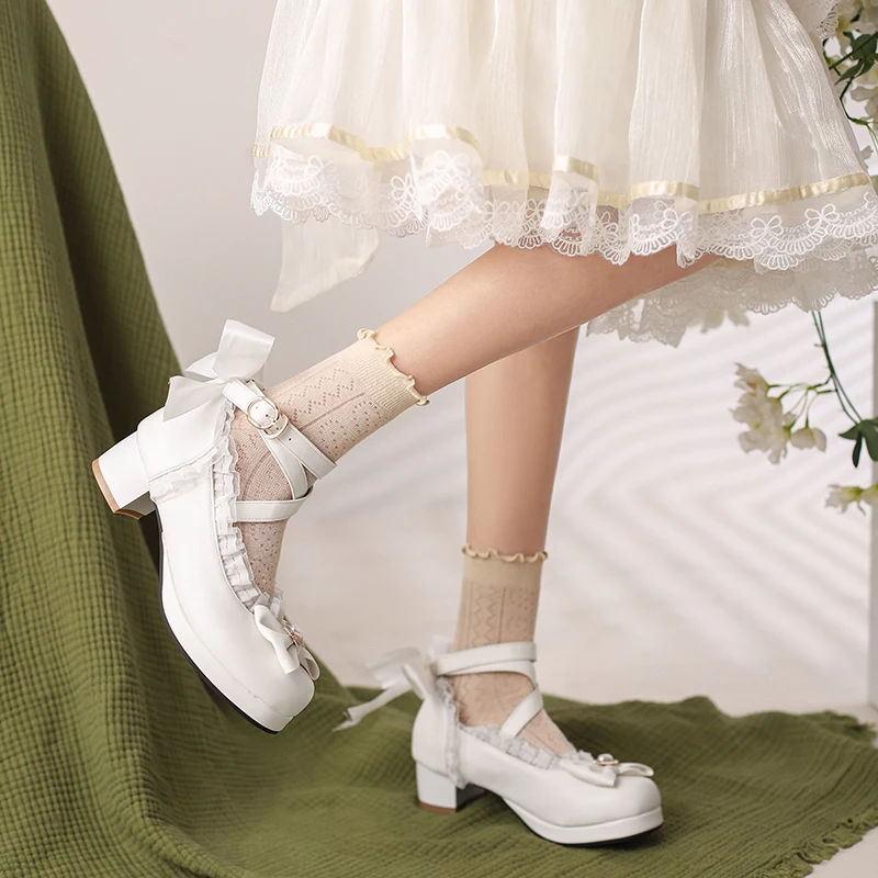 2023 new Spring women pumps  plus size 22-26.5cm Pearl mesh bow ankle buckle Lolita shoes cute mary jane shoes platform shoes