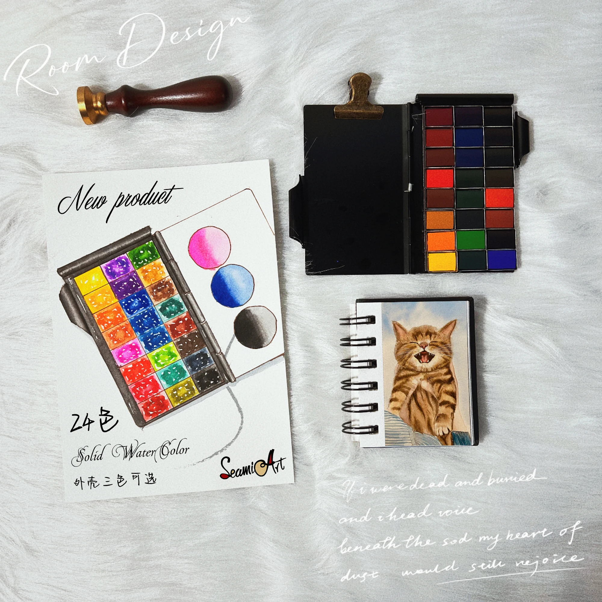 SeamiArt 24 Colors Profesionales Memo Pad Solid Watercolor Set Acuarelas with 1pc Metal Paint Brush Pen Palette Art Supplies