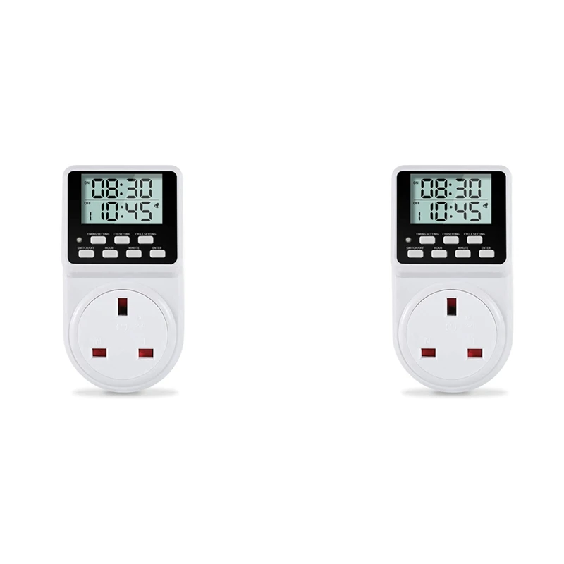 

New 2X 24 Hour Digital Electric Timer Plug Socket With Countdown And On-Off Repeat Cycle Timer For Home Appliances UK Plug
