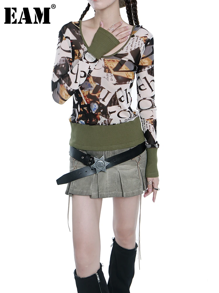 

[EAM] Women Green Pattern Printed Thin Mesh Casual T-shirt New Hooded Long Sleeve Fashion Tide Spring Autumn 2022 1DE9219