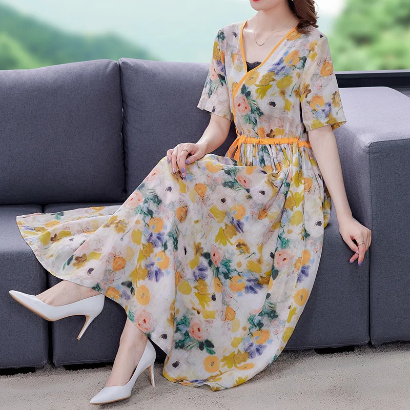 

Женское Хлопковое платье с коротким рукавом, льняное платье большого размера с V-образным вырезом и коротким рукавом, модель D1564 на лето, 2022