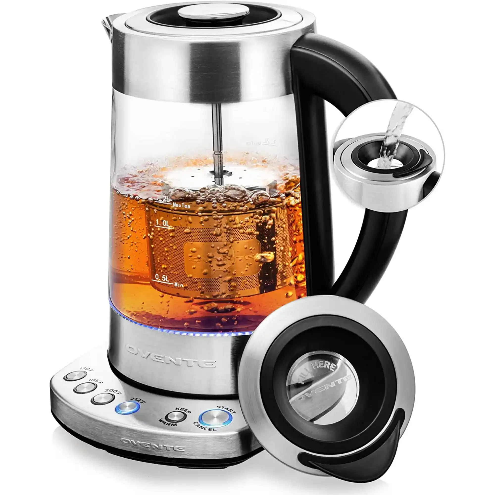 

Electric Glass Kettle 1.7 Liter Prontofill Technology & 4 Variable Temperature Setting, Portable 1500 Watt Keep Warm Function wi