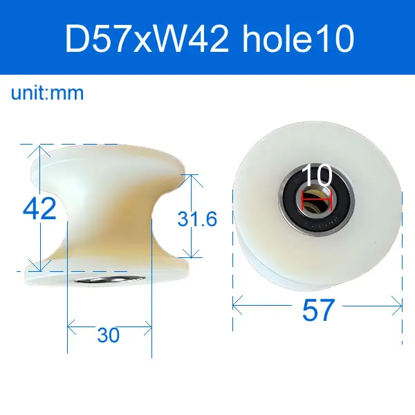 

U-образный нейлоновый шкив Гусеничное колесо с двойным подшипником Ролик для пазов Пластиковое направляющее колесо 10x57x42 мм Отверстие 10 Диаметр 57 Ширина 42 GW31.6