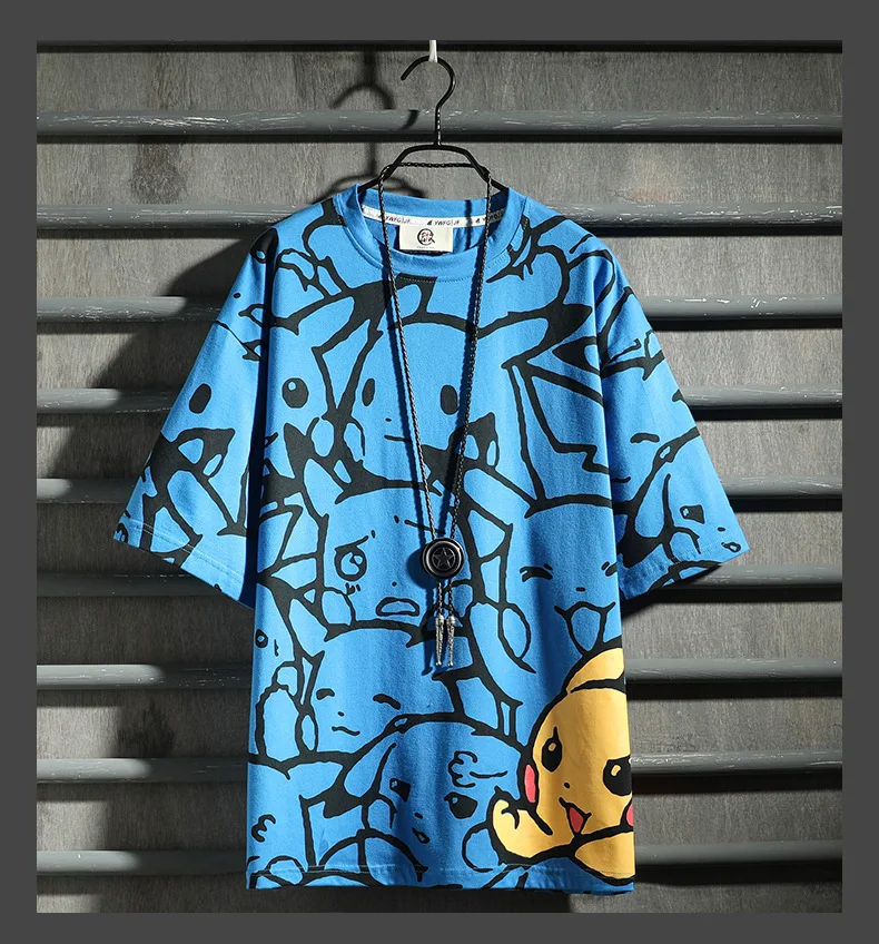 

Pokemon Anime Pikachu Men's Summer Tide Brand Short Sleeve T-Shirt Cotton Print Couple for Harajuku Version Half Sleeve Top
