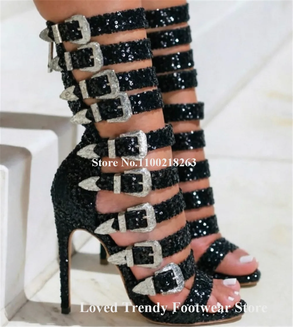 Фото Сандалии-гладиаторы Emeline Dubois Bling Bling с серебристо-черными блестками, на шпильке, с открытым носком, ремешками и пряжками, для вечеринок. №2