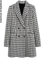 pailete women 2022 fashion tweed check longline blazer coat vintage long sleeve flap pockets female outerwear chic veste femme