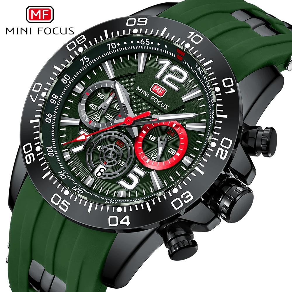 

Часы наручные MINI FOCUS мужские кварцевые, брендовые Роскошные модные спортивные зеленые с календарем и силиконовым ремешком