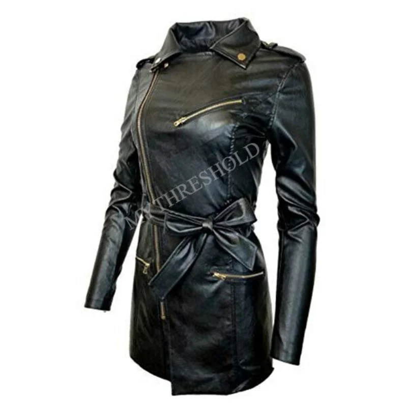 New Women Zip-up Long Jacket Belt Real Leather Trench Coats Leather Jacket