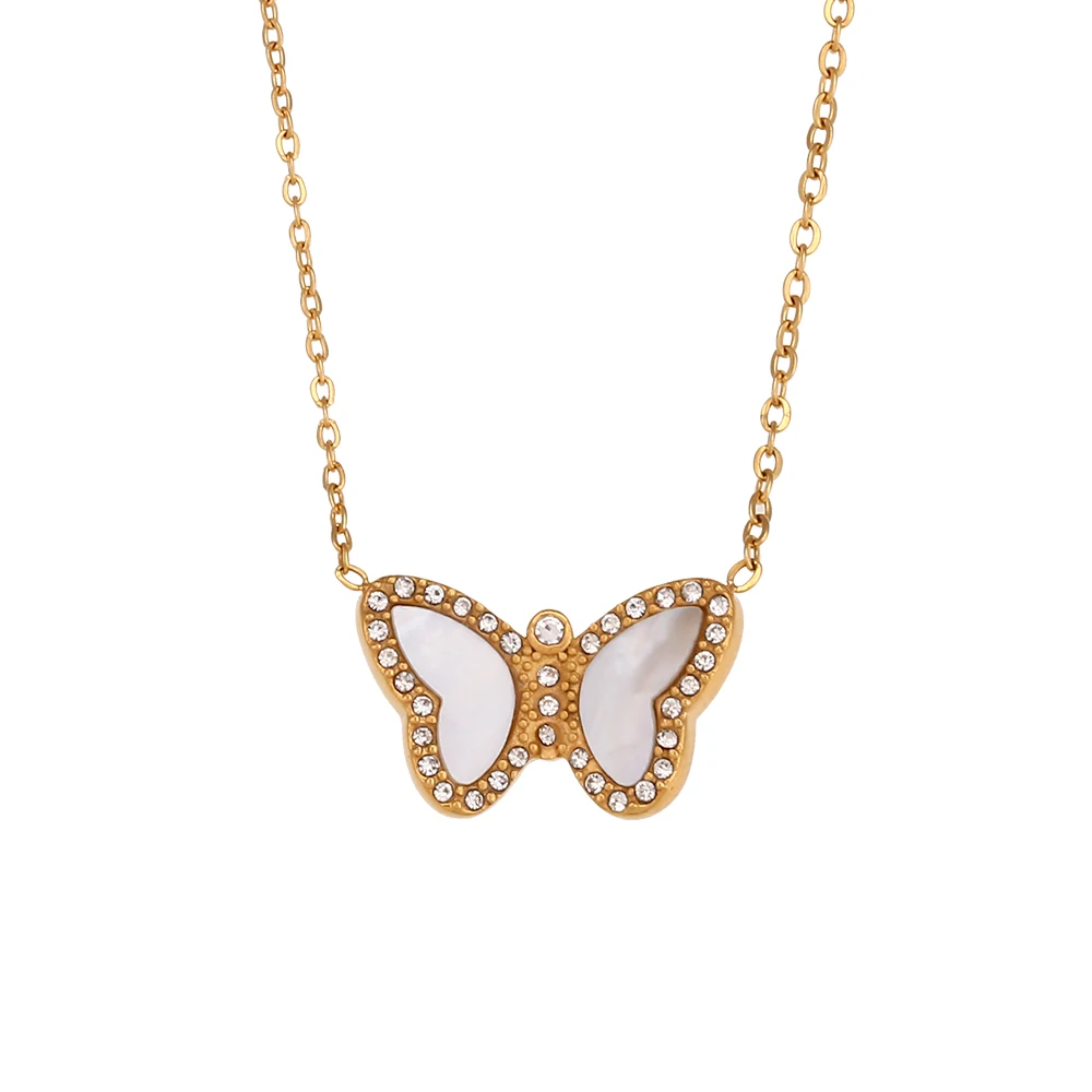 

Lovely Bling Bling Zircon Crystal Natural Shell Butterfly Pendant Necklaces 18K Plated Waterproof Jewelry Necklaces for Women