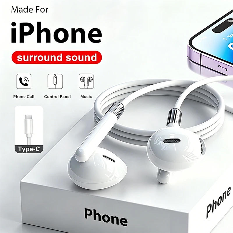 Фото Наушники-вкладыши с проводным подключением Lightning и Bluetooth для Apple iPhone 17, 16, 15, 14 Pro Max Plus, а также для Xiaomi, Samsung, с микрофоном HiFi №1