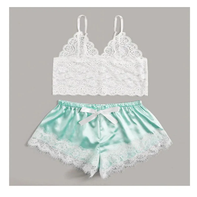 

Woman Summer Pajamas Silky Sling Sexy Lace Nightie Satin Sleeveless Camisole Homewear V Neck Casual Halter Top Shorts Sleepwear