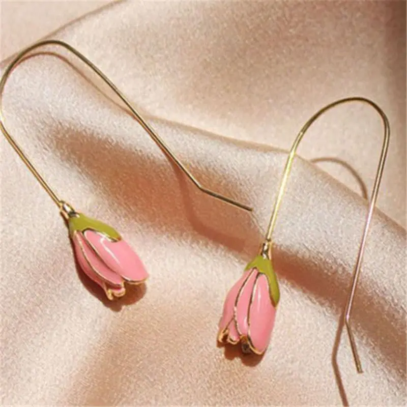 

vintage LONG enamel ROSES chic ROSE gold fashion EARRINGS DROPPER flower