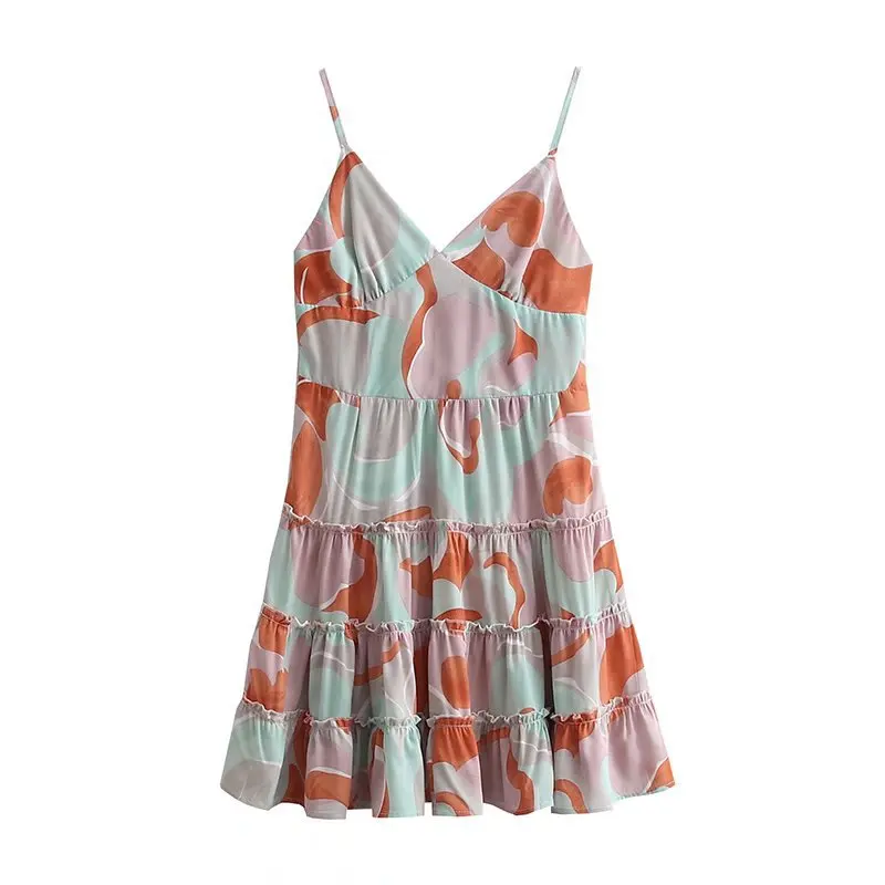 

Женское шифоновое платье с принтом, платье с открытой спиной и V-образным вырезом, без рукавов, с оборками и шитьем, лето 2022