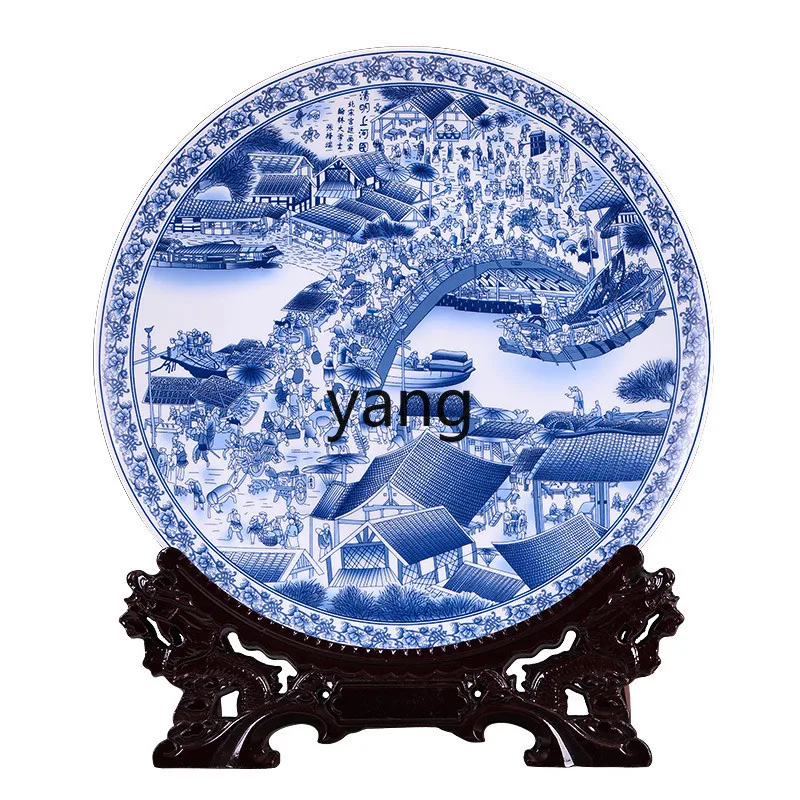 Сине-белая фарфоровая настенная тарелка декоративные тарелки Qingming Shanghe