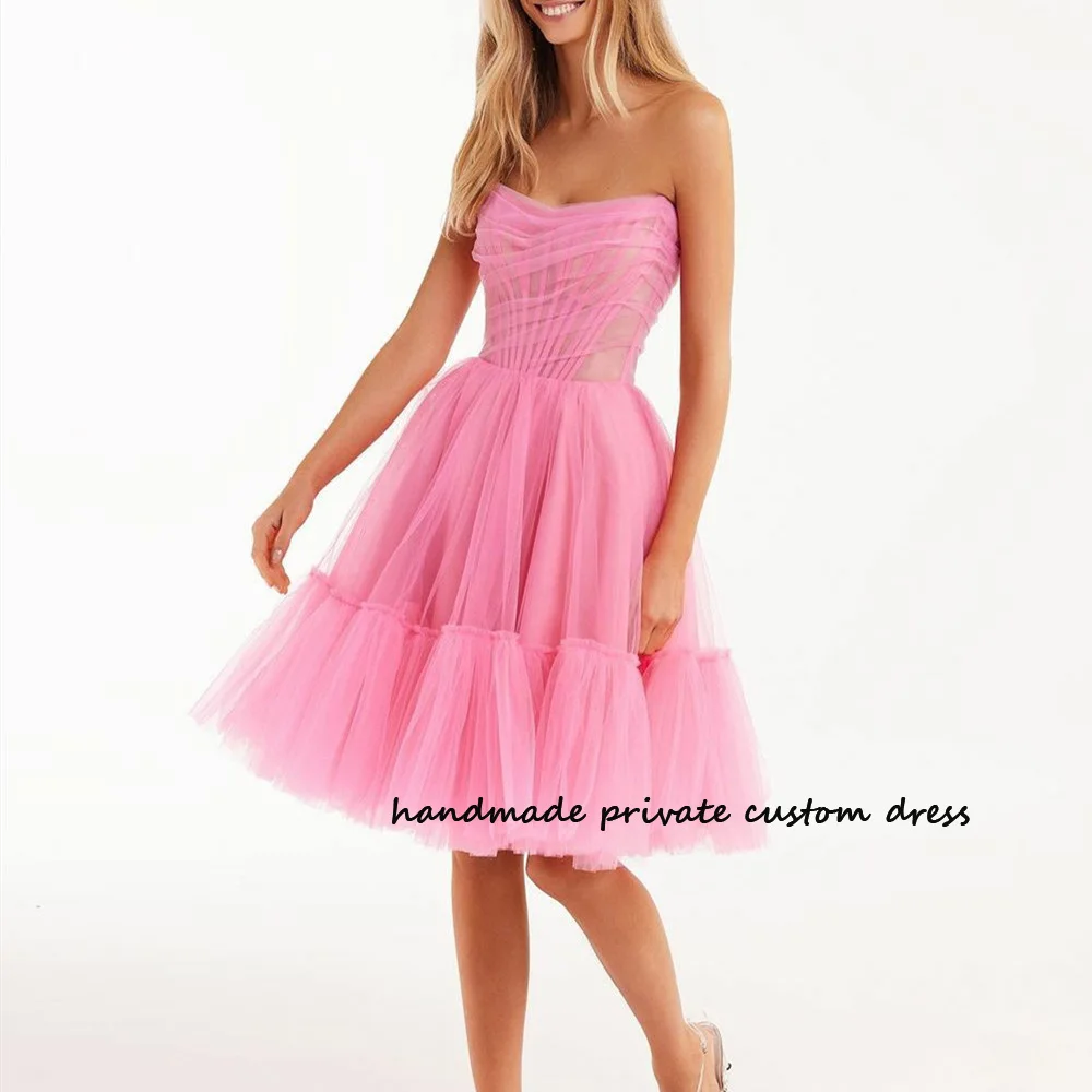 

Pink Tulle Sweetheart A Line Prom Party Dresses Corset Knee Length Evening Prom Gowns Sleeveless Short Homecoming Event Dress