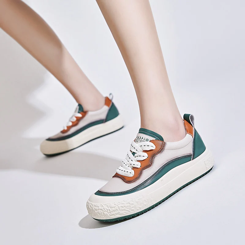 

Genuine Leather Women Platform Sneakers Spring Retro Casual Vulcanized Shoes Ladies Thick Bottom Skate Shoes Autumn AS-65