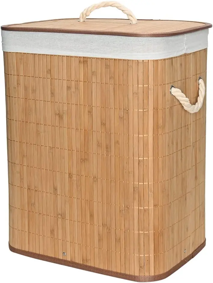 

Clear Bamboo Basket with Cover for Dirty Clothes. Ideal for Laundry, Service Area, Bathroom and Bedroom. Removable Liner with St