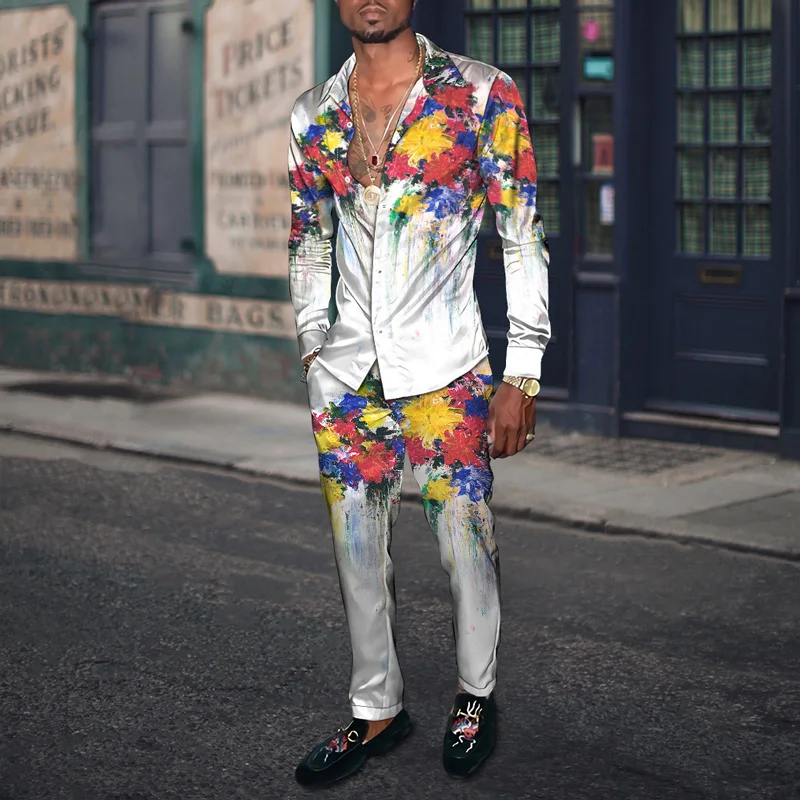 Spring Autumn Men Party Dress Shirt + Pants Fashion Flowers 3D Element Harajuku Cardigan Slacks S-4XL Oversized Men‘s Clothes