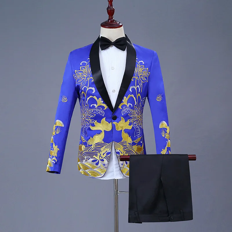 

Luxury Gold Embroidery Black Suit Men Party Wedding Suits Men Shawl Collar Tuxedo Suit (Jacket+Pants) Stage Host Singer Clothes