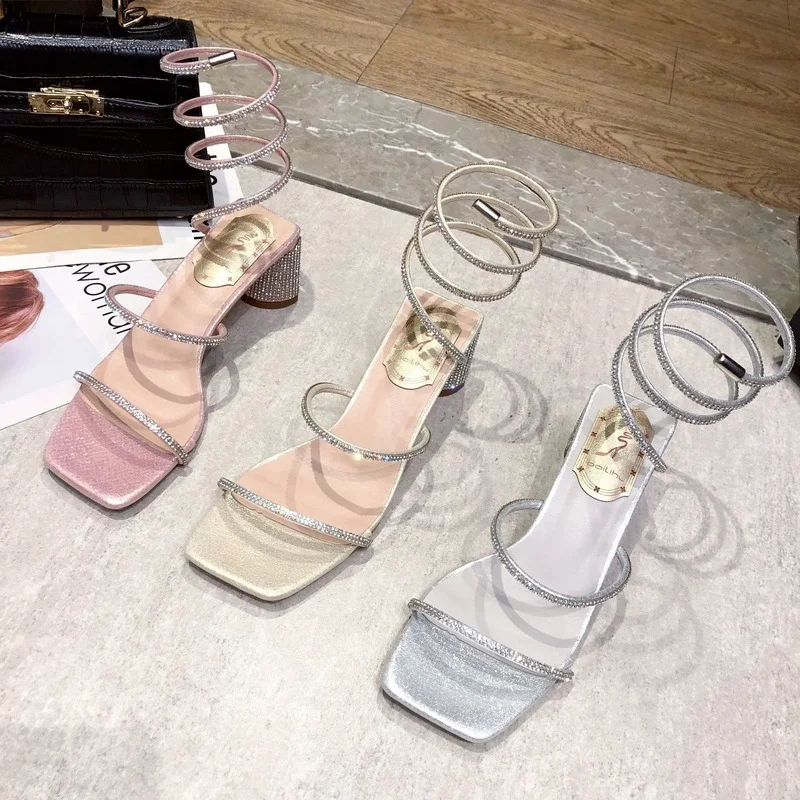 Summer Women's Sandals Fashion Luxury Square Toe Rhinestone Snake Wrap Heel Sandals Birthday Wedding Party Shoes Sandalias Mujer