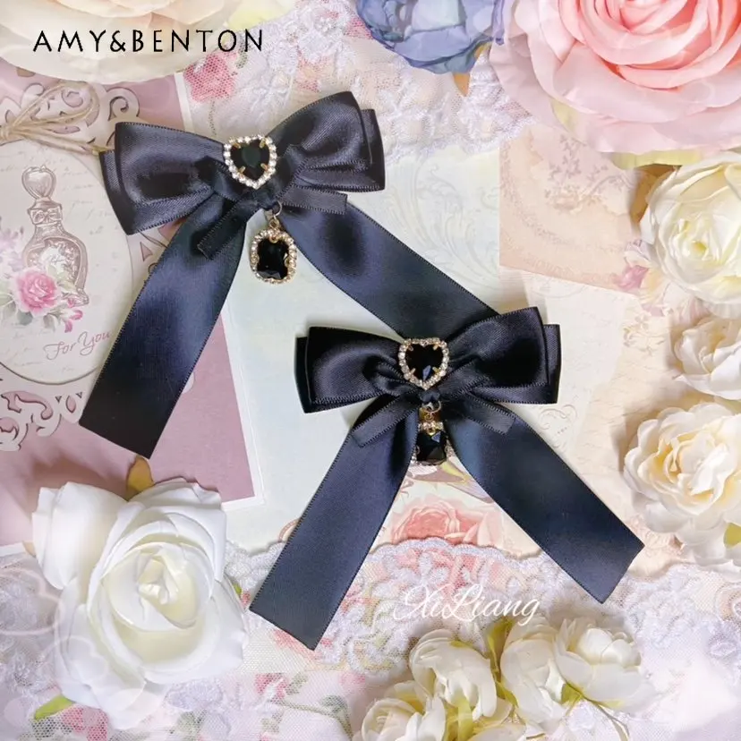 

Black Japanese Mine Series Bow Hair Clip Women Heart Shape Rhinestone Hair Pin Side Clip Headdress for Girls