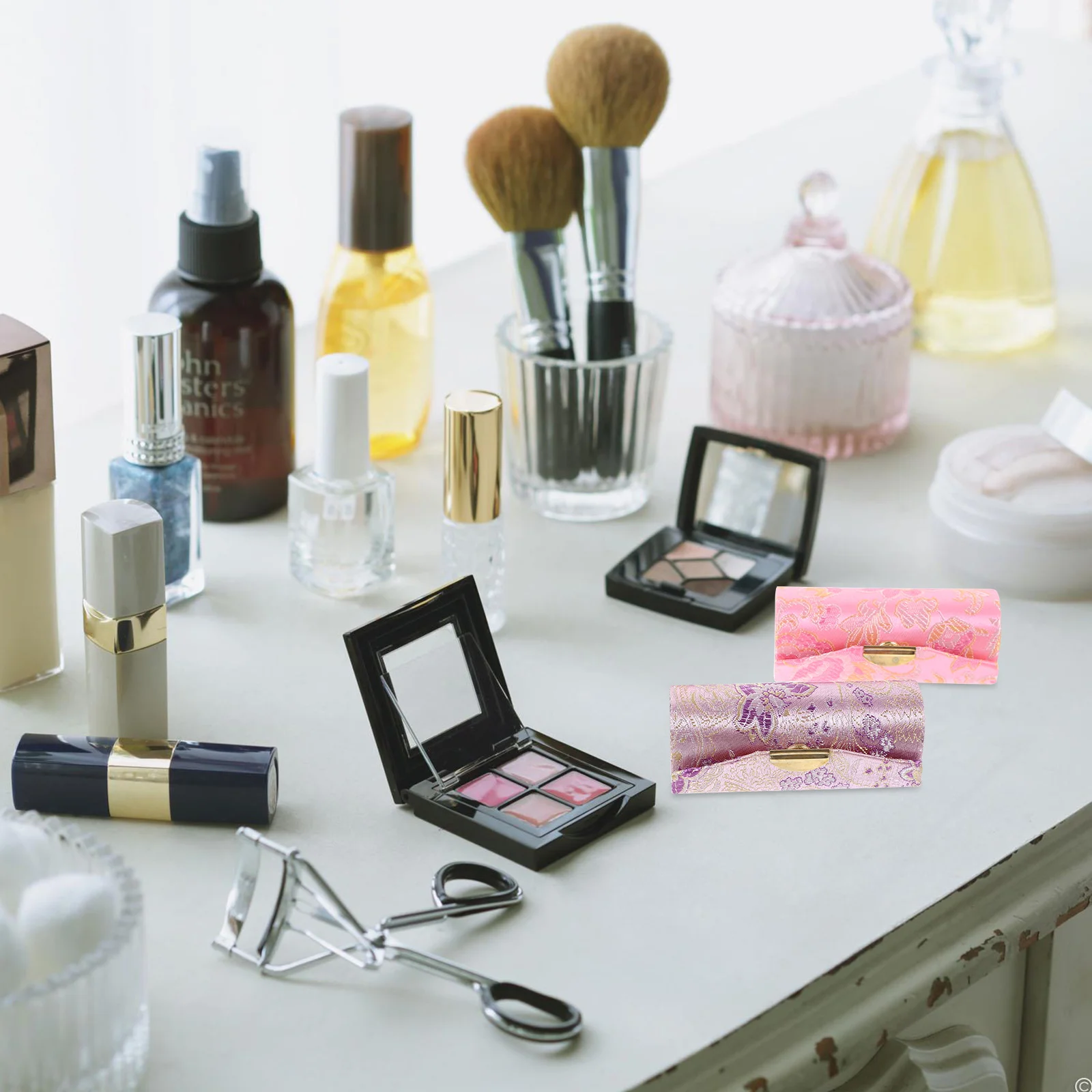 

Lipstick Case Holder Box Purse Mirror Lip Storage Makeup Organizer Flower Chinese Ladies Gloss Satin Floral Gift Balm Vintage