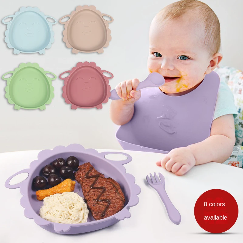 

Sheep Shaped Suction Plates for Baby Silicone Bowl Spoon Fork Set Non-slip Children's Dishes Silicone Plate Baby Tableware Set