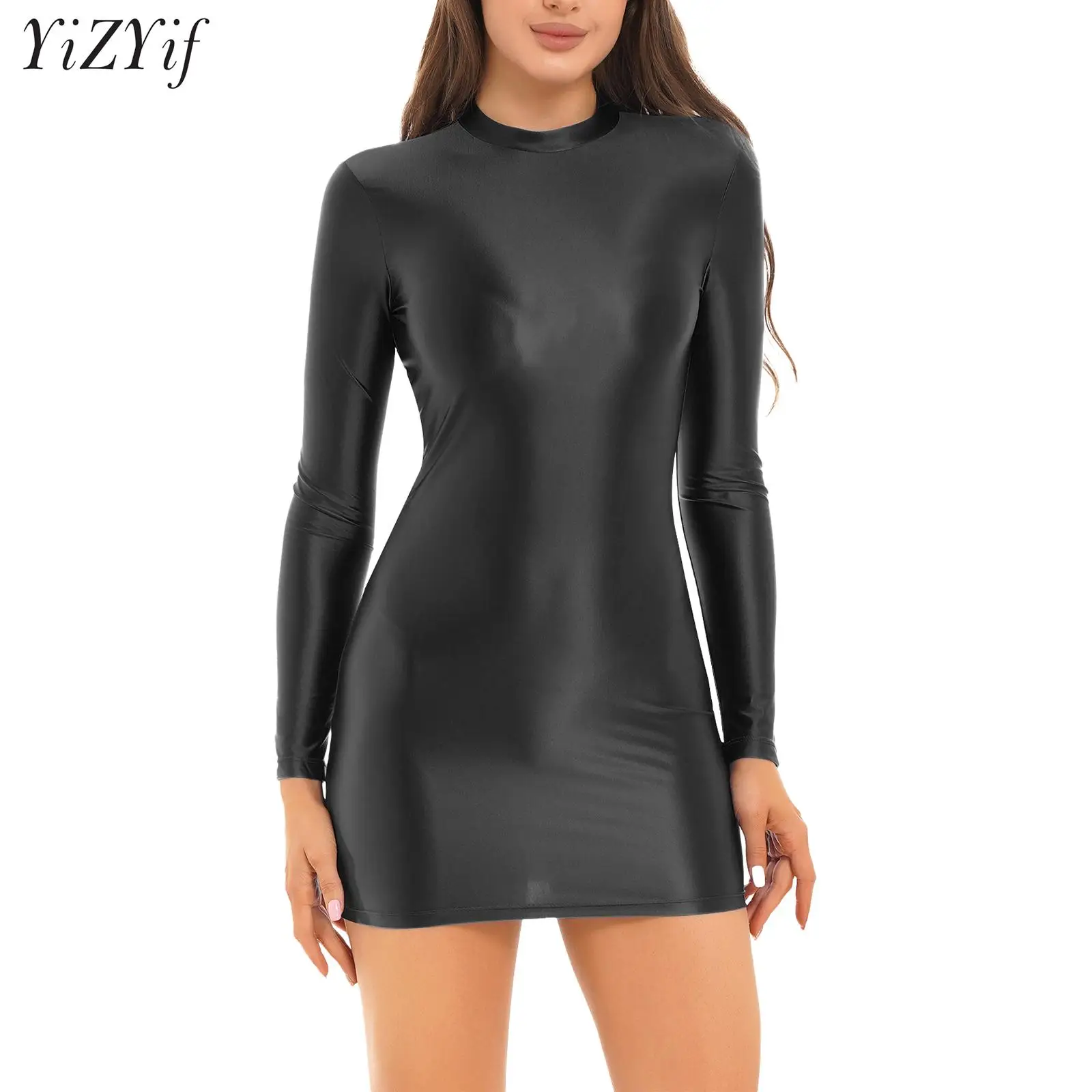 

Womens Shiny Glossy Casual Long Sleeve Mock Neck Mini Pencil Dress Slim Fit Night Club Cocktail Party Bodycon Clubwear