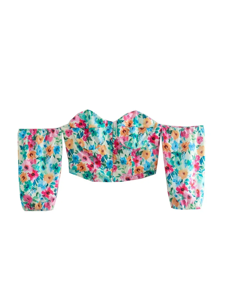 

ZXQJ Women 2022 Fashion Floral Print Heart Neck Cropped Blouses Vintage Short Sleeve Elastic Back Female Shirts Chic Tops