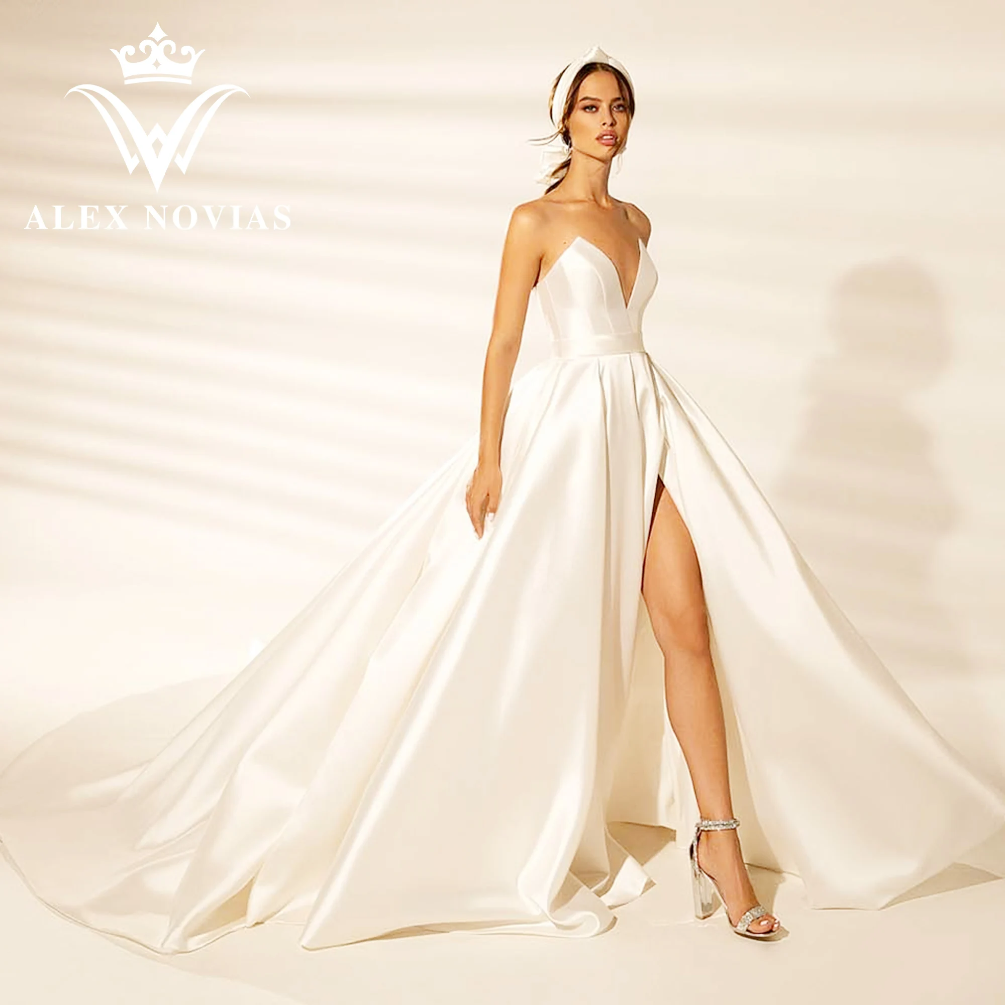 

Женское атласное свадебное платье ALEX NOVIAS, элегантное шикарное платье с разрезом по бокам, сказочное свадебное платье, 2023