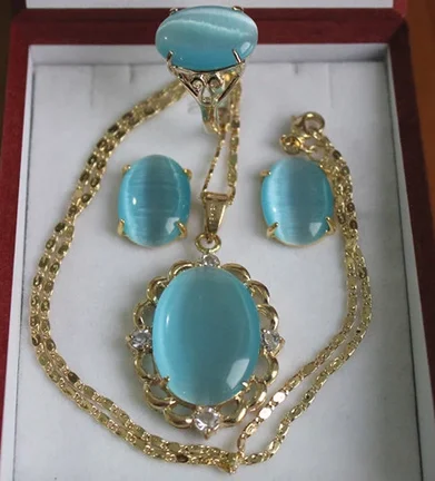 

wholesale elegant Inlay sky blue opal pendant necklace earring & ring jewelry set jade