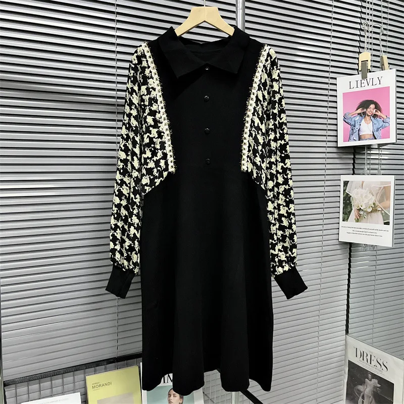 

SuperAen свитер женский весна 2022 Новый корейский стиль вязанное Прошитое длинное платье с круглым вырезом черное платье-свитер