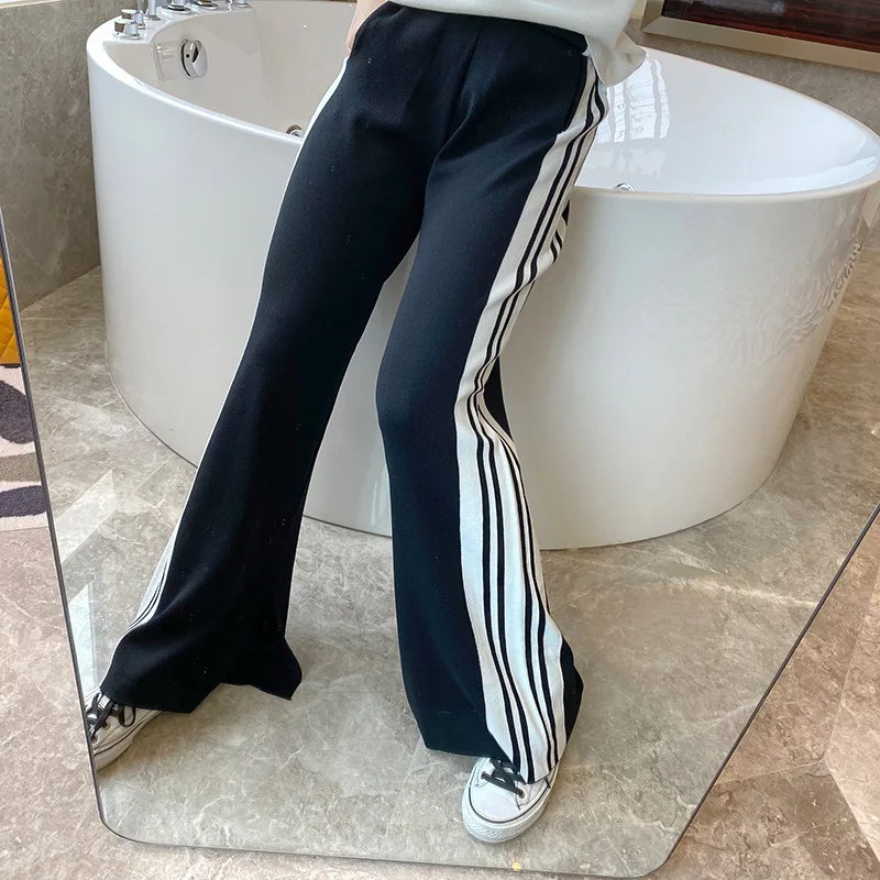 

Wide-leg Pants Women's High Waist Drape, Thin and Versatile, Black and White Stripes, Slit Loose, Straight Leg Corset Sweatpants