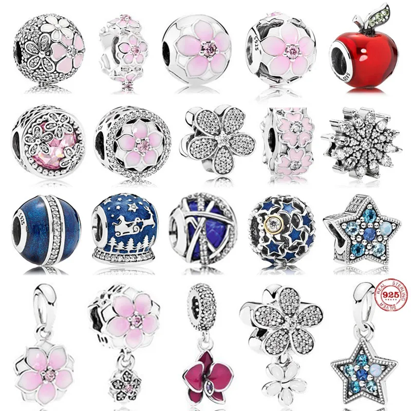 

Genuine 925 Sterling Silver Snowflake Sakura Apple Beads fits Original Pandora Bracelet DIY Making Jewelry Women